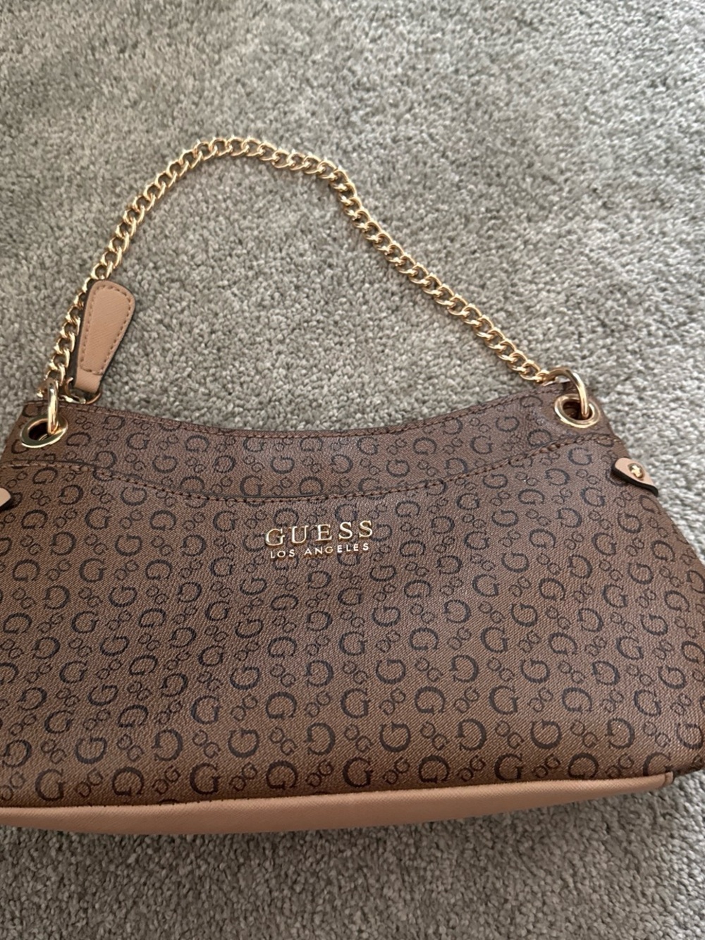 GUESS Brown Monogram Shoulder Bag with Gold Chain